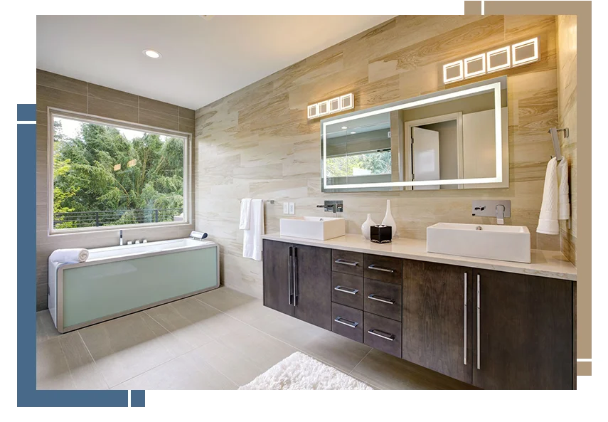 Beautifully Remodeled Bathroom With Beige And Blue Square Accents Mobile Hero Photo
