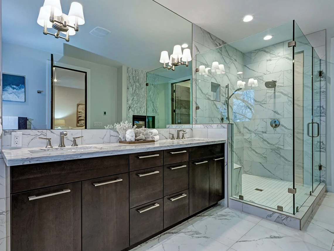 Dark Stained Slab Cabinet Vanity And Custom Glass Shower 1