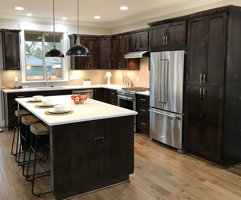 Kitchen With Dark Stained Wood Cabinets