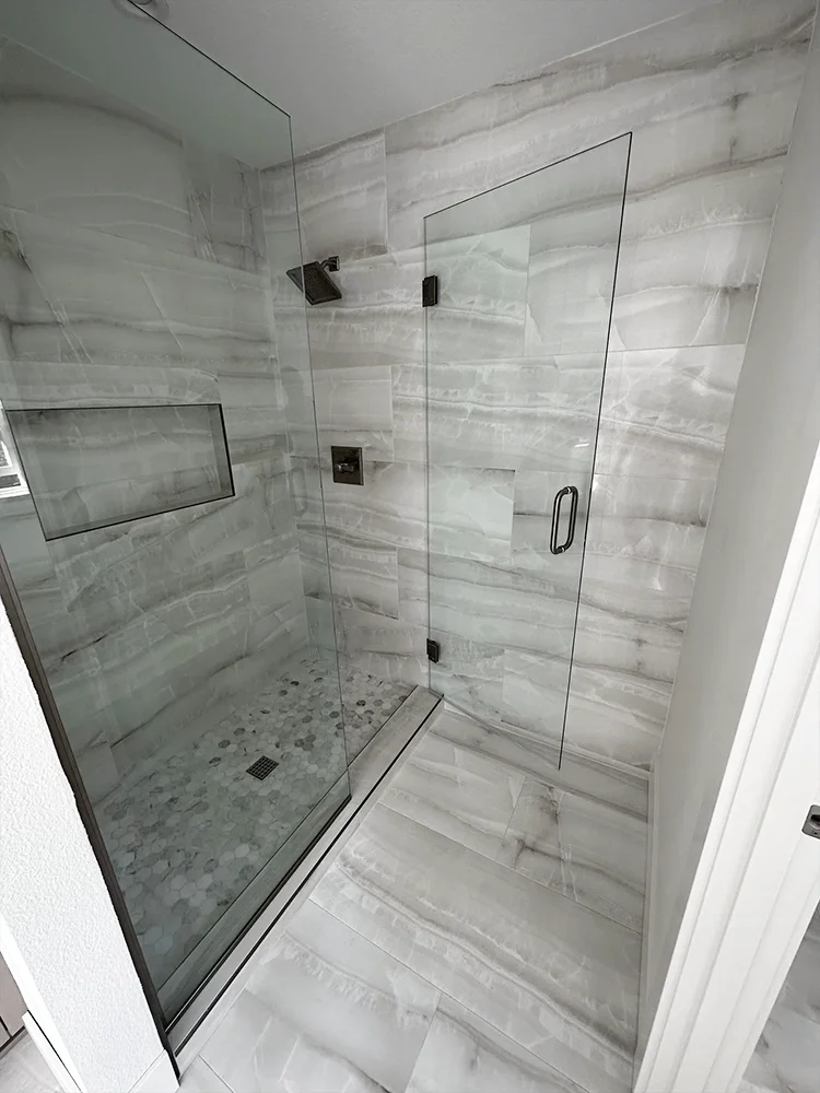 Large Custom Shower With Large Format Gray Crystalline Shower Tile