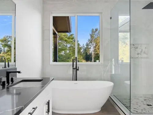 White Bathroom With Dark Countertops Homepage